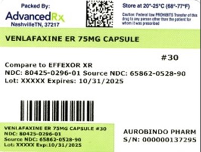 Label 1 (Venlafaxine Er 75mg 80425 0296 01)